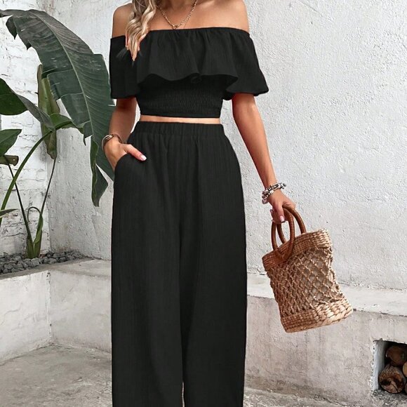 Black Boho Womens Off Shoulder Ruffle Trim Top & Wide Leg Pants - Picture 1 of 5